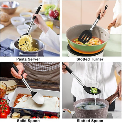 TeamFar Cooking Utensils Set, 5 PCS Silicone Kitchen Utensils with Stainless Steel Handle, for Nonstick Cookware Flipping Frying Turning Draining, Heatproof & Healthy, Nonstick & Easy Clean, Black - Image 4