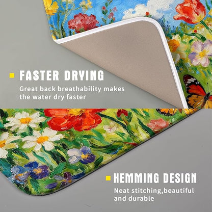 Cute Floral Dish Drying Mat Small for Kitchen Counter 16x18, Spring Summer Decorative Absorbent Reversible Microfiber Kitchen Countertop Protector Dishes Drainer Pad, Watercolor Flower Butterfly - Image 3