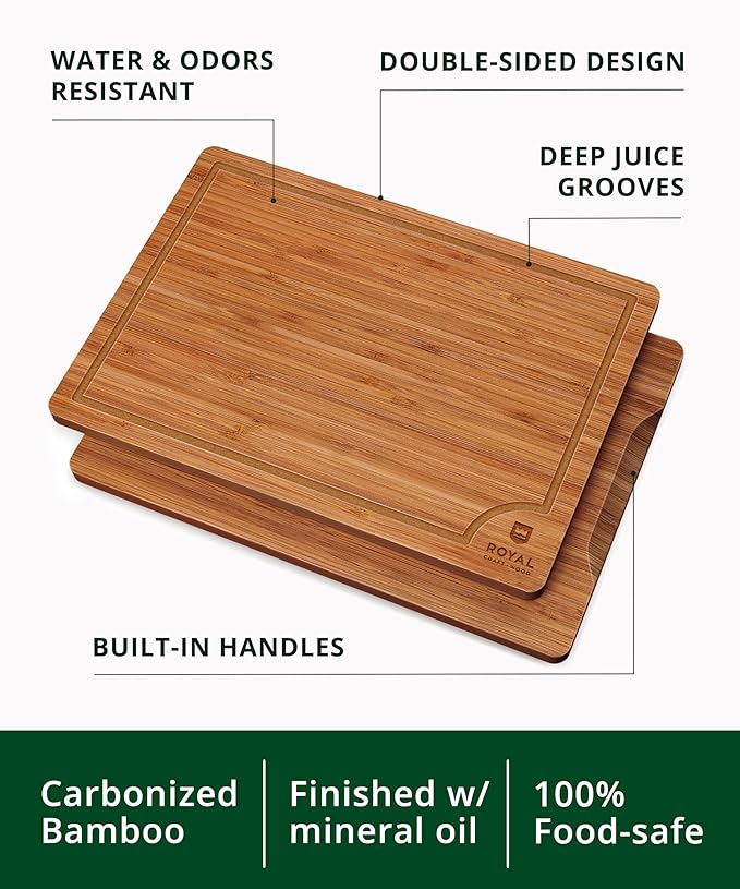 ROYAL CRAFT WOOD Wooden Cutting Boards for Kitchen Meal Prep & Serving - Bamboo Wood Serving Board Set with Deep Juice Groove Side Handles - Charcuterie & Chopping Butcher Block for Meat - Image 3