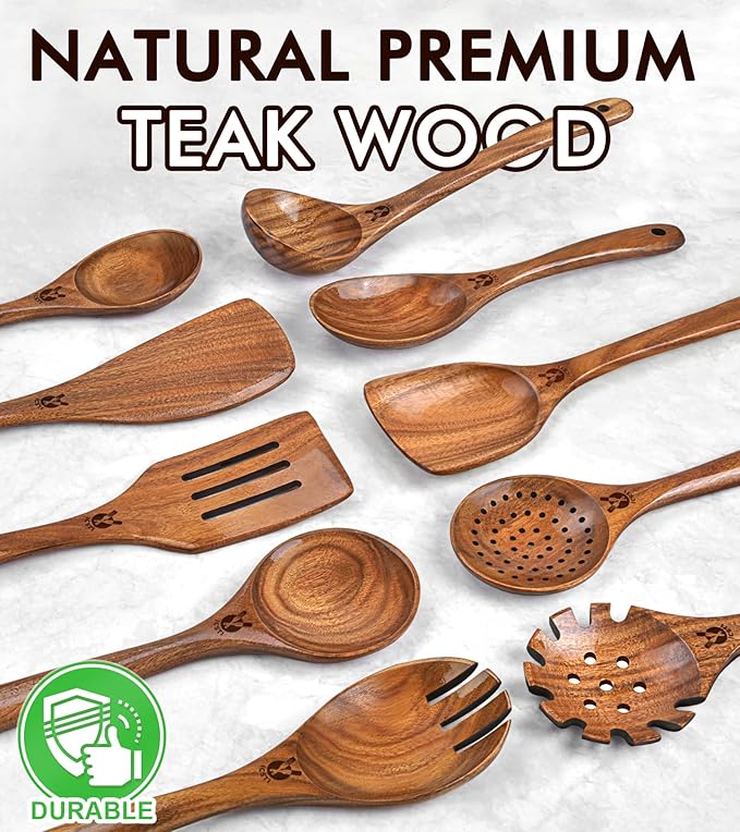 Wooden Spoons for Cooking, 10 Pcs Natural Teak Wood Kitchen Utensils Set, Comfortable Grip Wooden Utensil Set for Nonstick Pans & Cookware, Heat Resistant Wooden Spoons Wooden Spatulas Set - Image 9