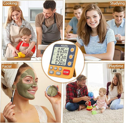Digital Dual Triple Kitchen Timer, 3-Channel Magnetic Countdown Timer for Cooking, Large Display Stopwatch Multi Food Classroom Timer Loud Alarm for Seniors Teachers Battery Included (Orange)
