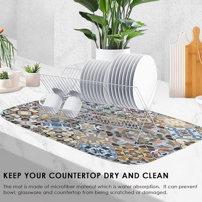 Sanwarm Absorbent Dish Drying Mat, Retro Colorful Tiles Vintage Floral Microfiber Pad for Kitchen Counter, Coffee Bar Decor, Heat Resistant and Reversible, 16" x 18"