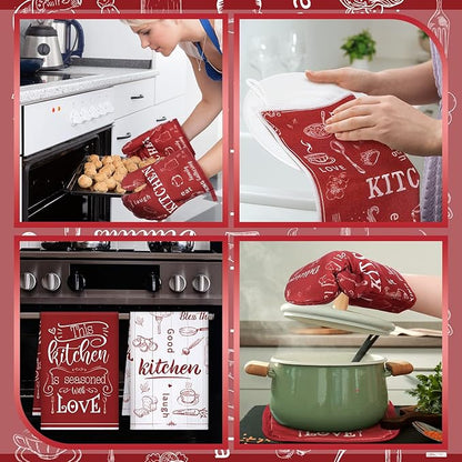 Bencailor 12 Pcs Farmhouse Kitchen Decor and Accessories Sets 4 Red Kitchen Towels 4 Absorbent Dishcloths 2 Pot Holders 2 Oven Mitts Gloves for Home Decor Mom Gifts