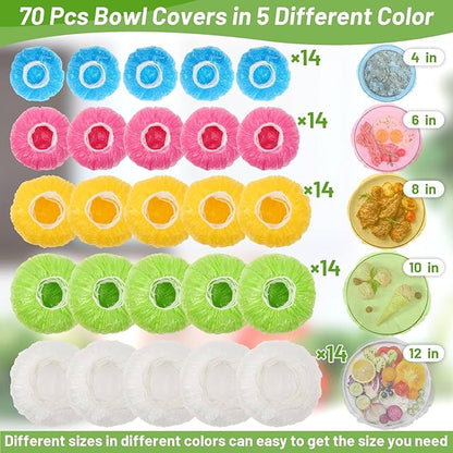 70 Pcs Bowl Covers, 5 Size Plastic Food Covers with Elastic, Colors Bowl Reusable, Alternative to Foil, Fresh Keeping, Disposable Dish wraps for Food Storage, Bread Proofing and Bugs Prevention - Image 4