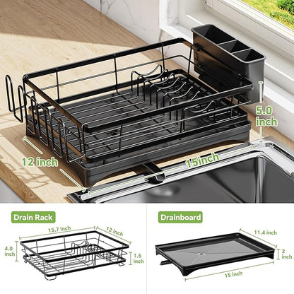 Ekisemio Dish Drying Rack for Kitchen Counter - Large Capacity Dish Drainer with Cutlery Holder & Drip Tray, Space Saving Kitchen Organizer (12x15.7), Black - Image 2
