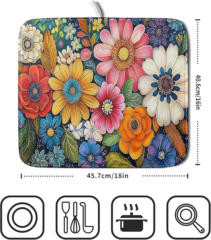Giwawa Boho Flower Dish Drying Mat, Colorful Floral Leaf Dish Drainer Mats, Rustic Wildflower Plant Botanical Reversible Dish Drying Rack Pad Protector for Kitchen Countertop Decor, 16"x18"