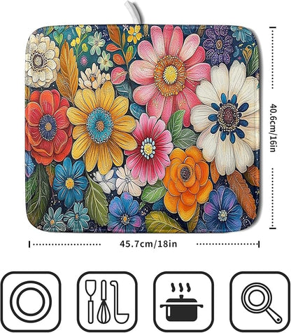 Giwawa Boho Flower Dish Drying Mat, Colorful Floral Leaf Dish Drainer Mats, Rustic Wildflower Plant Botanical Reversible Dish Drying Rack Pad Protector for Kitchen Countertop Decor, 16"x18"