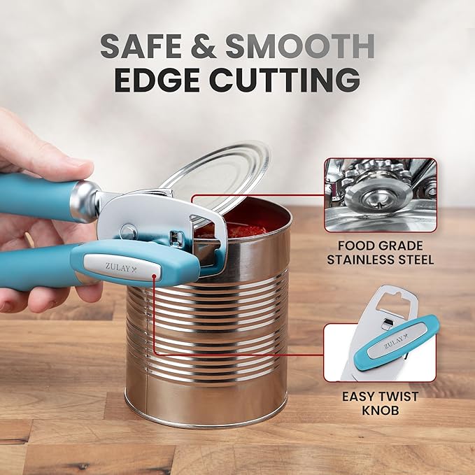 Zulay Kitchen Heavy Duty Stainless Steel Can Opener Manual with Bottle Opener - Rust Proof Manual Can Opener With Turn Knob & Comfy Soft Grip Handles - Dusty Blue - Image 4