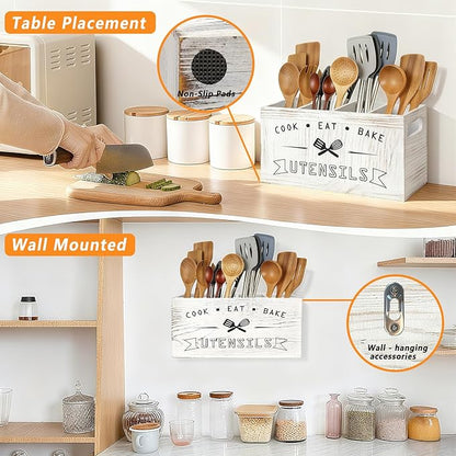 Extra Large and Durable Retro White Wooden Kitchen Utensil Holder - Ideal Kitchen Decor for Countertop with Party and Home Use （Retro White Extra Large）