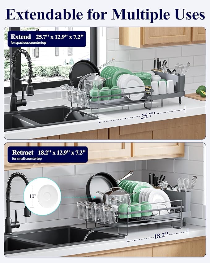 Kitsure Extendable Dish Drying Rack, Large Drying Dish Rack with Cutlery & Cup Holders, Multifunctional Dish Racks for Counter with Drainage, 18.2"-25.7" L x 12.9" W, Grey - Image 3
