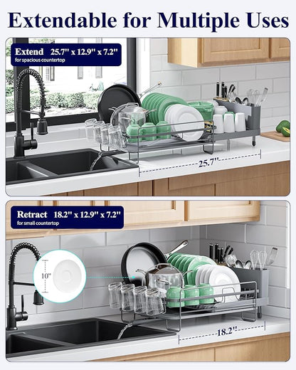 Kitsure Extendable Dish Drying Rack, Large Drying Dish Rack with Cutlery & Cup Holders, Multifunctional Dish Racks for Counter with Drainage, 18.2"-25.7" L x 12.9" W, Grey - Image 3