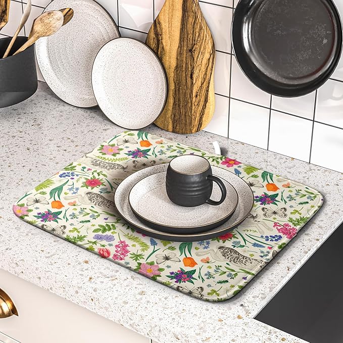 Spring Easter Dish Drying Mat for Kitchen Counter 16x18 Rabbit Bunny Green Pink Floral Vintage Print Absorbent Reversible Microfiber Drying Mats Kitchen Countertop Protector Dishes Drainer Rack Pad - Image 5