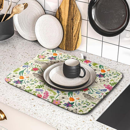Spring Easter Dish Drying Mat for Kitchen Counter 16x18 Rabbit Bunny Green Pink Floral Vintage Print Absorbent Reversible Microfiber Drying Mats Kitchen Countertop Protector Dishes Drainer Rack Pad - Image 5