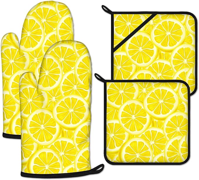 Watercolor Lemon Oven Mitts and Pot Holders Sets Heat Resistant 4Pcs Potholders Oven Gloves Hot Pads for Kitchen Baking Cooking Grilling BBQ