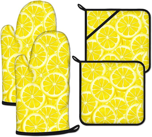 Watercolor Lemon Oven Mitts and Pot Holders Sets Heat Resistant 4Pcs Potholders Oven Gloves Hot Pads for Kitchen Baking Cooking Grilling BBQ