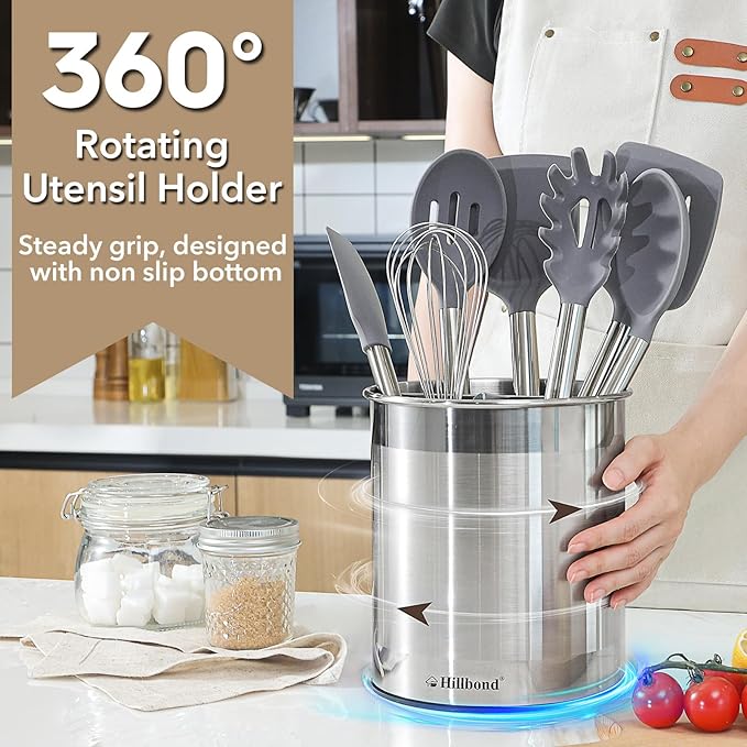 Hillbond 7.5x6.9 Inch EXTRA LARGE Utensil Holder for Countertop, Stainless Steel Rotating Organizer with Removable Divider, Space-Saving for Large Kitchen Utensils Set & Spacious Kitchens - Image 5