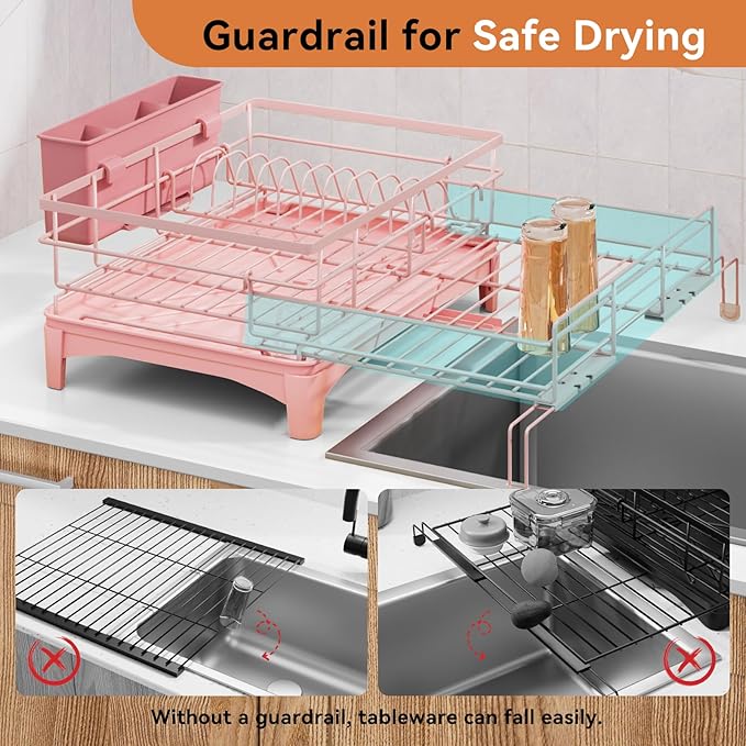 Laveshop Dish Drying Rack - Expandable Rack, Large Capacity Dish Drainer for Kitchen Counter, Rust-Proof with Utensil Holder, Pink - Image 4