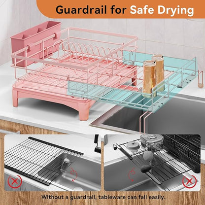 Laveshop Dish Drying Rack - Expandable Rack, Large Capacity Dish Drainer for Kitchen Counter, Rust-Proof with Utensil Holder, Pink - Image 4