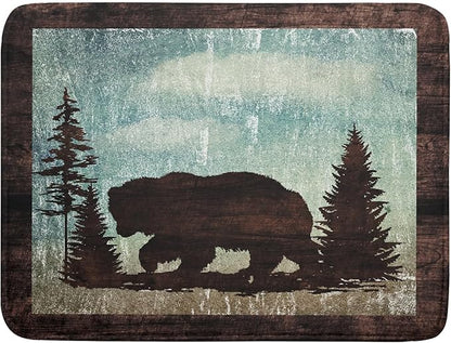 Giwawa Retro Brown Bear Forest Cabin Dish Drying Mat Countertop 18x24 Fall Blue Sky Cloud Cartoon Wild Animal Bushes Drainer Mat Pine Tree Grass Dishes Pad Rustic Floral Dish Drainer Rack Wildlife