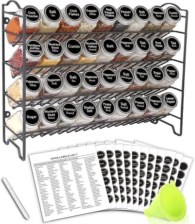 SWOMMOLY Spice Rack Organizer with 36 Empty Square Spice Jars, 396 Spice Labels with Chalk Marker and Funnel Complete Set, for Countertop, Cabinet or Wall Mount, Black by SWOMMOLY