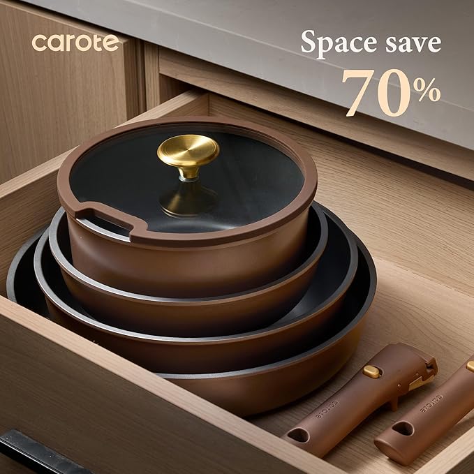 CAROTE 21pcs Pots and Pans Set, Nonstick Cookware Set Detachable Handle, Induction Kitchen Cookware Sets Non Stick with Removable Handle, RV Cookware Set, Oven Safe, Brown - Image 5