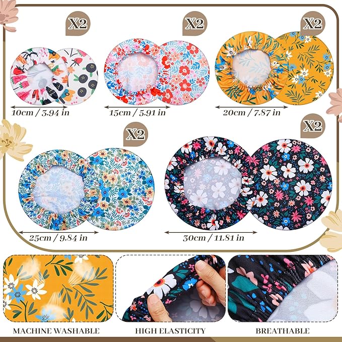 10 Pack Cloth Bowl Covers for Bread Rising - 5 Size Stretch Elastic Food Storage Container Lids - Reusable Cotton Fabric Covers for Food, Fruits, Leftovers (Flower)