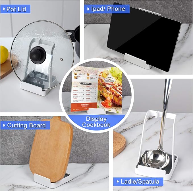 NiHome Versatile Pot Lid Ladle Holder Multipurpose Spatula Pad Book Cutting Board Spoon Rest Kitchen Utensils Drip Tray Washable Durable Stable Tack-Free Installation (White) - Image 4