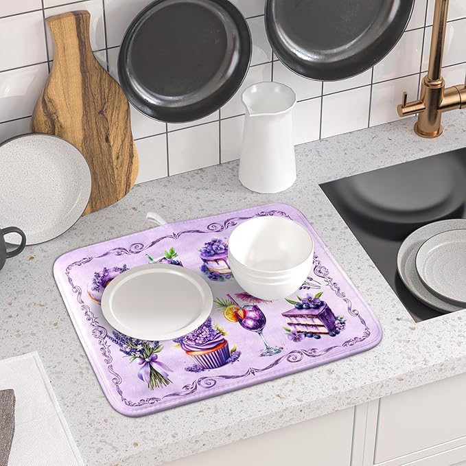 Purple Dish Drying Mats for Kitchen Counter Washable Drying Pad Absorbent Coffee Mat - Delicious Afternoon Tea - Image 6