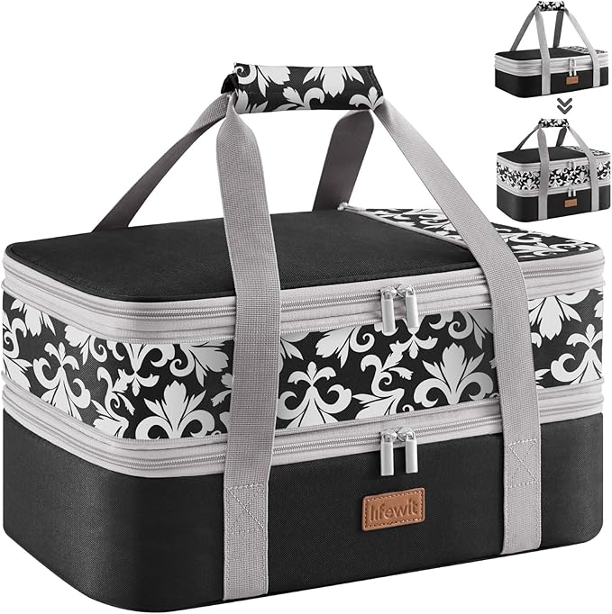 Lifewit Insulated Double Decker Casserole Carrier, Expandable Lasagna Lugger Tote Bag for Hot or Cold Food, Fits 9" x 13" Baking Dish for Potluck Parties, Picnic and Cookouts, Black-Flowers