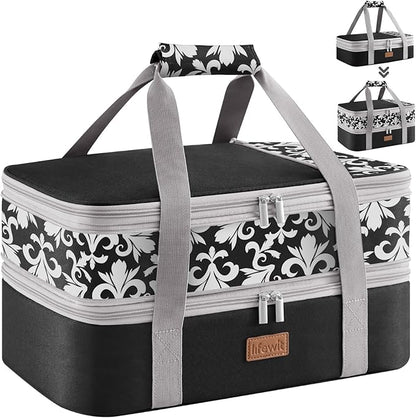 Lifewit Insulated Double Decker Casserole Carrier, Expandable Lasagna Lugger Tote Bag for Hot or Cold Food, Fits 9" x 13" Baking Dish for Potluck Parties, Picnic and Cookouts, Black-Flowers
