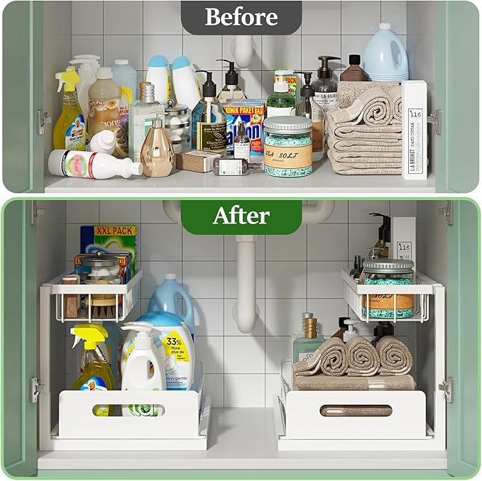 REALINN Under Sink Organizer, Pull Out Cabinet Organizer 2 Tier Slide Out Sink Shelf Cabinet Storage Shelves, Under Sink Storage for Kitchen Bathroom Cabinet, White, 1 Pack - Image 4