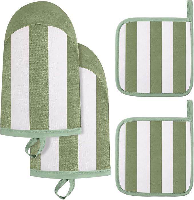 Reallnaive Oven Mitts and Pot Holders 4 Pcs Set for Kitchen, Stripe Cotton Oven Mitten Gloves Hot Pads Heat Resistant 500°f Outdoor Indoor Garden Baking Cooking BBQ Gift Hanging Loop, Beige (Green) by Unknown