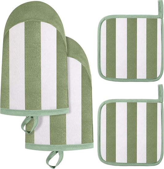 Reallnaive Oven Mitts and Pot Holders 4 Pcs Set for Kitchen, Stripe Cotton Oven Mitten Gloves Hot Pads Heat Resistant 500°f Outdoor Indoor Garden Baking Cooking BBQ Gift Hanging Loop, Beige (Green) by Unknown