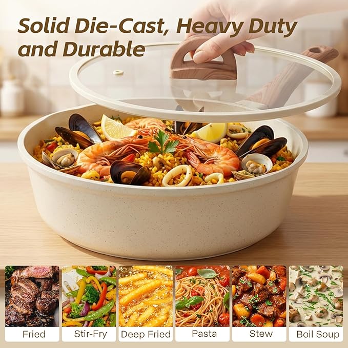 Ceramic Nonstick Frying Pan with Lid, 4.0 QT Sauté Pan Large Capacity Skillet, Non Stick Deep Frying Pan Induction Compatible White Granite Coating PFOA/PFAS Free Non-toxic Healthy Kitchen Cookware - Image 5
