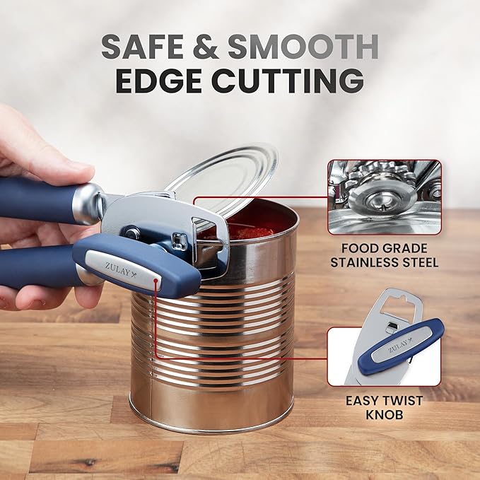 Zulay Kitchen Heavy Duty Stainless Steel Can Opener Manual with Bottle Opener - Rust Proof Manual Can Opener With Turn Knob & Comfy Soft Grip Handles - Blue - Image 4