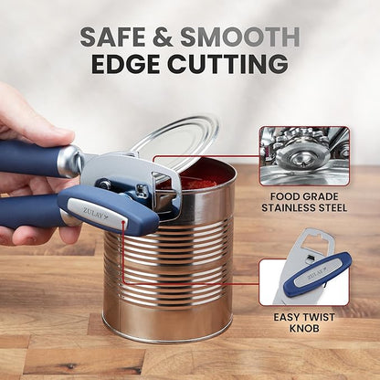 Zulay Kitchen Heavy Duty Stainless Steel Can Opener Manual with Bottle Opener - Rust Proof Manual Can Opener With Turn Knob & Comfy Soft Grip Handles - Blue - Image 4