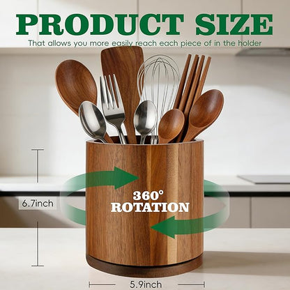 Acacia Wood Utensil Holder 360°Rotating Anti-Tip Design for Kitchen Counter,Cooking Utensil Crock for Countertop , Large Utensil Organizer for Spatula