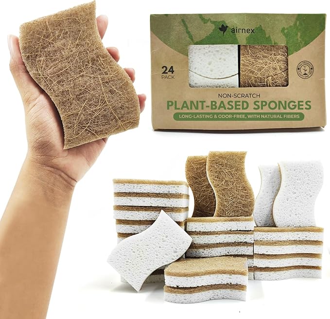 AIRNEX Natural Kitchen Sponges (24 Pack) - Biodegradable Cellulose & Coconut Scrubber Dish Sponges for Kitchen - Eco-Friendly, Non Scratch, Compostable, Non Toxic S-Shaped Natural Sponges for Dishes by Airnex