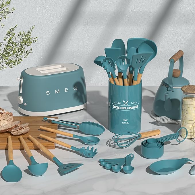 Umite Chef Kitchen Cooking Utensils Set, 33 pcs Non-stick Silicone Utensils Spatula Set with Holder, Silicone Kitchen Gadgets Utensil Set(Dark Blue) - Image 3