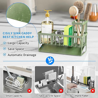 Cisily Kitchen Sink Caddy, Sponge Holder for Kitchen Sink, Kitchen Sink Organzier and Storage with High Brush Holder, 304 Stainless Gadgets Sink Accessories, Organizadores de Cocina Sage Green - Image 2