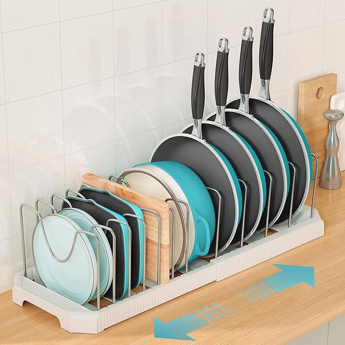 Pots and Pans Organizer for under Cabinet, Pan Pot Organizers inside Cabinet, Expandable Organizer with 12 Adjustable Dividers for Cookie Sheets, Cutting Boards, Pot Lids, Cookware - Frying Pan Rack - Image 2