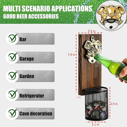 Beer Magnetic Bottle Opener Wall Mounted With Bottle Cap Catcher,Funny Bottle Opener,Beer Accessories,Wooden Magnetic Bottle Opener for Fridge,Birthday Gifts for Men and Beer Lovers.