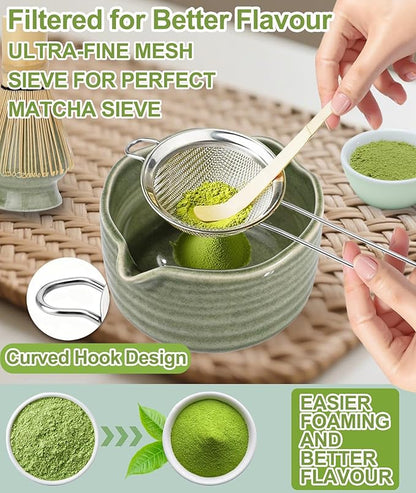 JBER Matcha Whisk Set, Ceramic Matcha Set Includes Matcha Bowl, Matcha Whisk (Chasen) and Holder, Sifter, Bamboo Scoop, Spoon & Rest - 7 Pcs Matcha Kit Set for Matcha Lovers Ceremony, Mottled Green