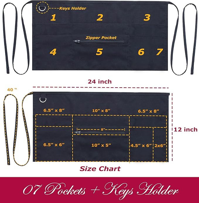 7 Pockets Server Aprons with Zipper Pocket (2 Pack) - Aprons for Women Men - Waiter Waitress Waist Half Apron 24x12