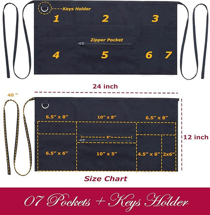 7 Pockets Server Aprons with Zipper Pocket (2 Pack) - Aprons for Women Men - Waiter Waitress Waist Half Apron 24x12