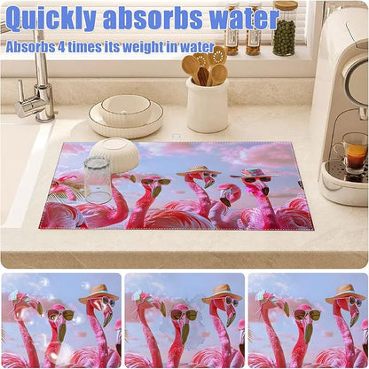 Spring Summer Flamingo Dish Drying Mat for Kitchen Counter Drying Pad Absorbent Reversible Dish Drainer Rack Mats Draining Pad 18"x24"Inch