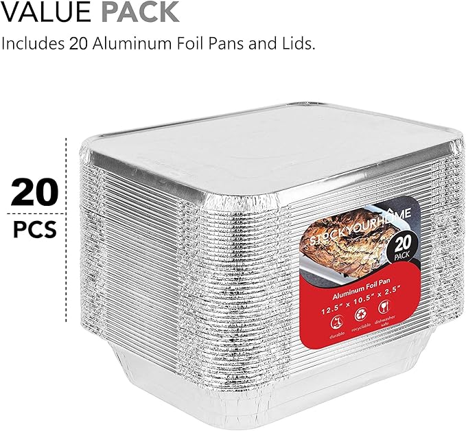 Stock Your Home Foil Pans with Lids - 9x13 Aluminum Pans with Covers - 20 Foil Pans and 20 Foil Lids - Disposable Food Containers Great for Baking, Cooking, Heating, Storing, Prepping Food Silver - Image 3