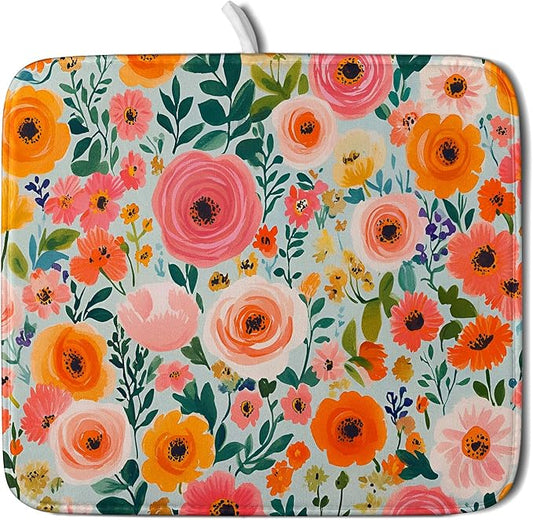 Spiral Flower Dish Drying Pad - Spring Bold Floral Printd Kitchen Countertop Cloth Pad for Home Decorative by Giwawa