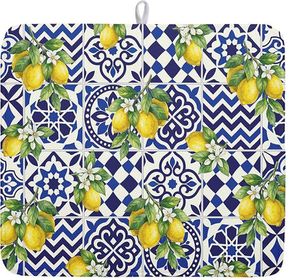 Lemon and Blue Tile Dish Drying Mat 16x18 Inch Absorbent Reversible Mexican Tilt Drying Mat Blue White Italy Lemons Dish Drying Rack Mat Summer Themed Dish Drainer Mat for Kitchen Counter Coffee Bar