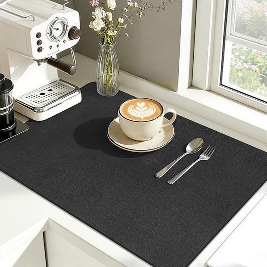 Findosom Dish Drying Mat, 12"x 20" Super Absorbent & Hide Stain Coffee Mat, Cuttable Drying Mat for Kitchen Counter, Coffee Bar Accessories, Under Dish Rack, Coffee Maker, Espresso Machine, Black-2 by Findosom